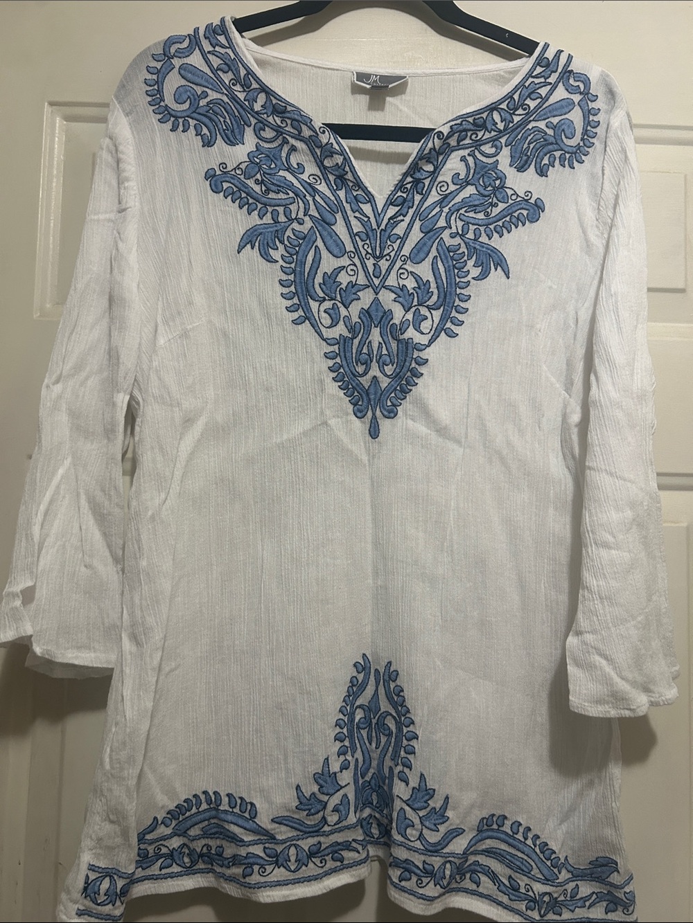 JM Boho Beach Blouse Embroidered White Tunic with Blue Embroidery M
